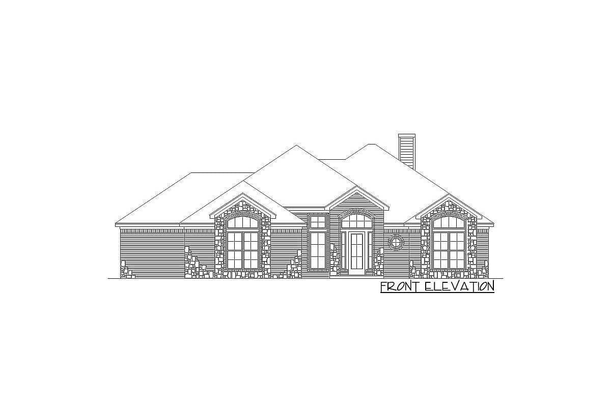 Front elevation drawing of a one-story house plan with stone accents, arched windows, and a central double door.