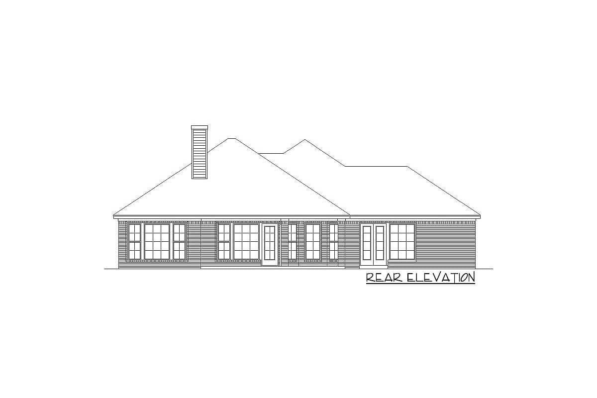 Rear elevation drawing of a single-story house plan with a pitched roof, prominent chimney, and multiple windows.