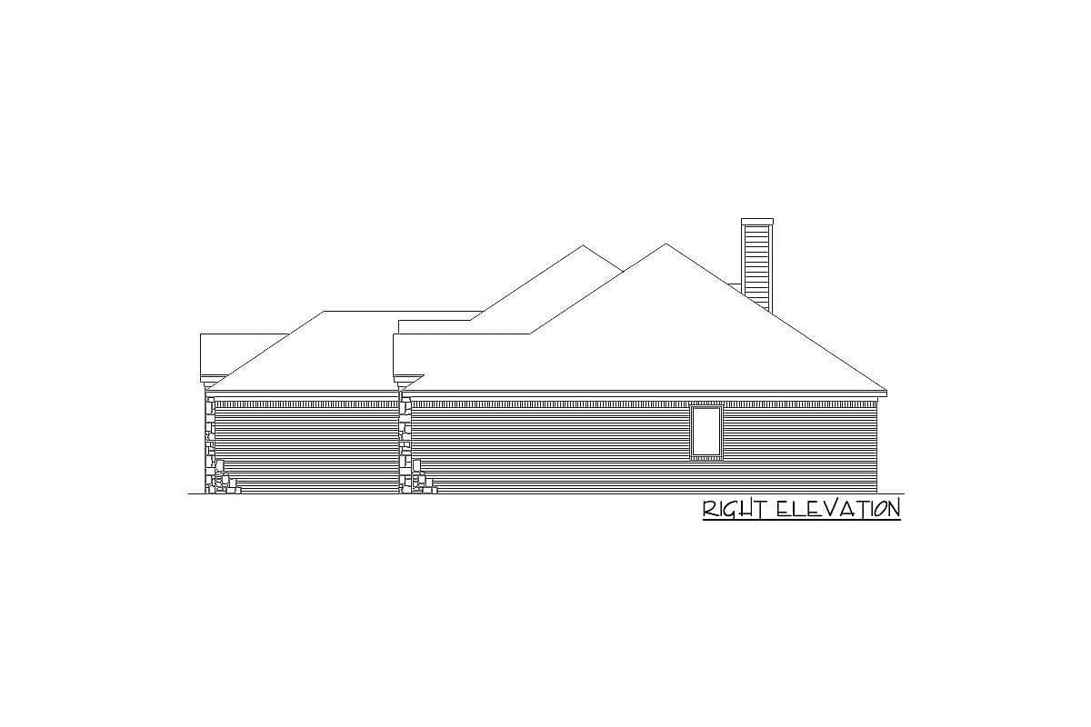 Right elevation house plan showing layered rooflines, brick and siding exterior, and a chimney.