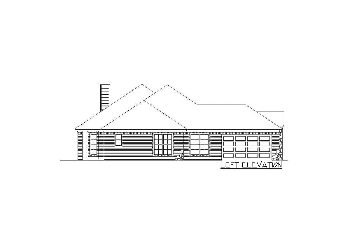 Left elevation drawing of a house plan showing a pitched roof, chimney, windows, and a three-car garage.