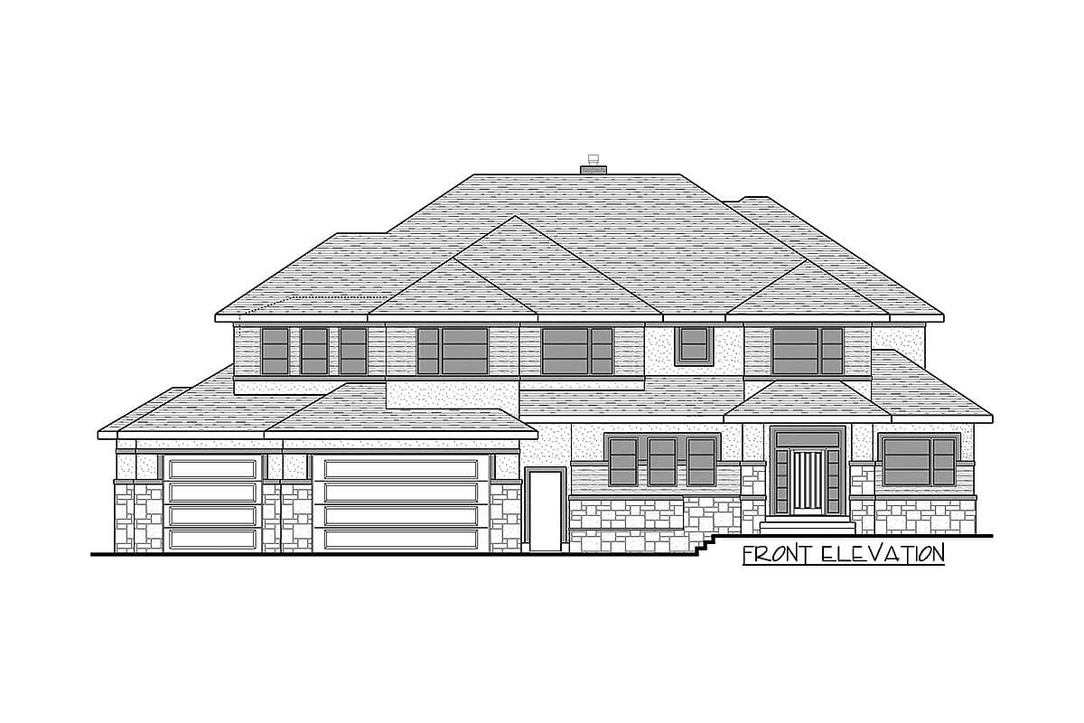 Front elevation drawing of a two-story house with a multi-gabled roof, a three-car garage, and stone foundation details.