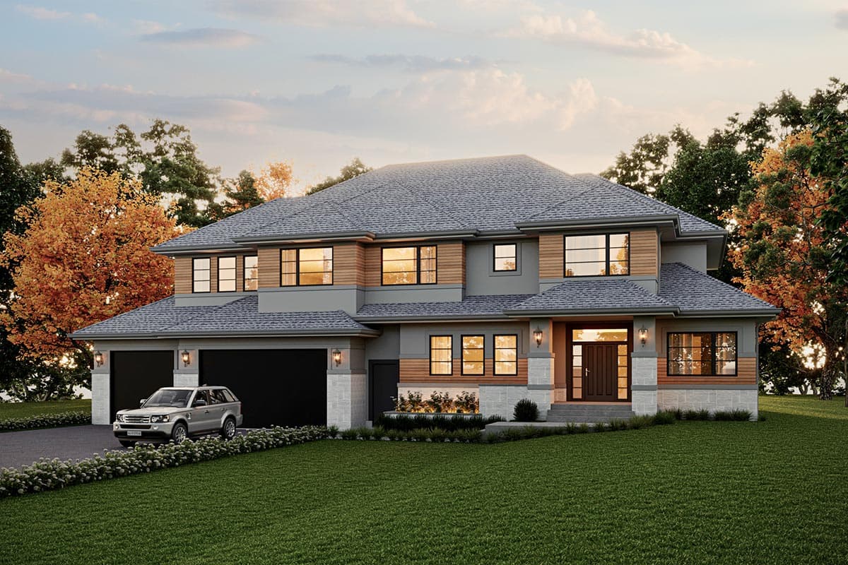 House plan exterior. Two-story modern style home with gabled roof, two-car garage, and stone accents. Large windows with wood siding.