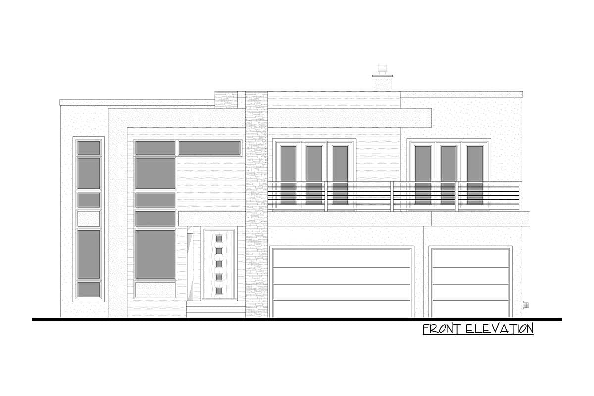Front elevation drawing of a two-story modern house plan with a balcony, stacked garages, and varied window designs.