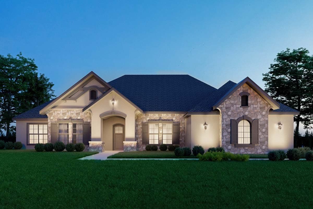 House plan exterior: Single-story home with stone accents, arched entry, gabled rooflines, and decorative dormer.