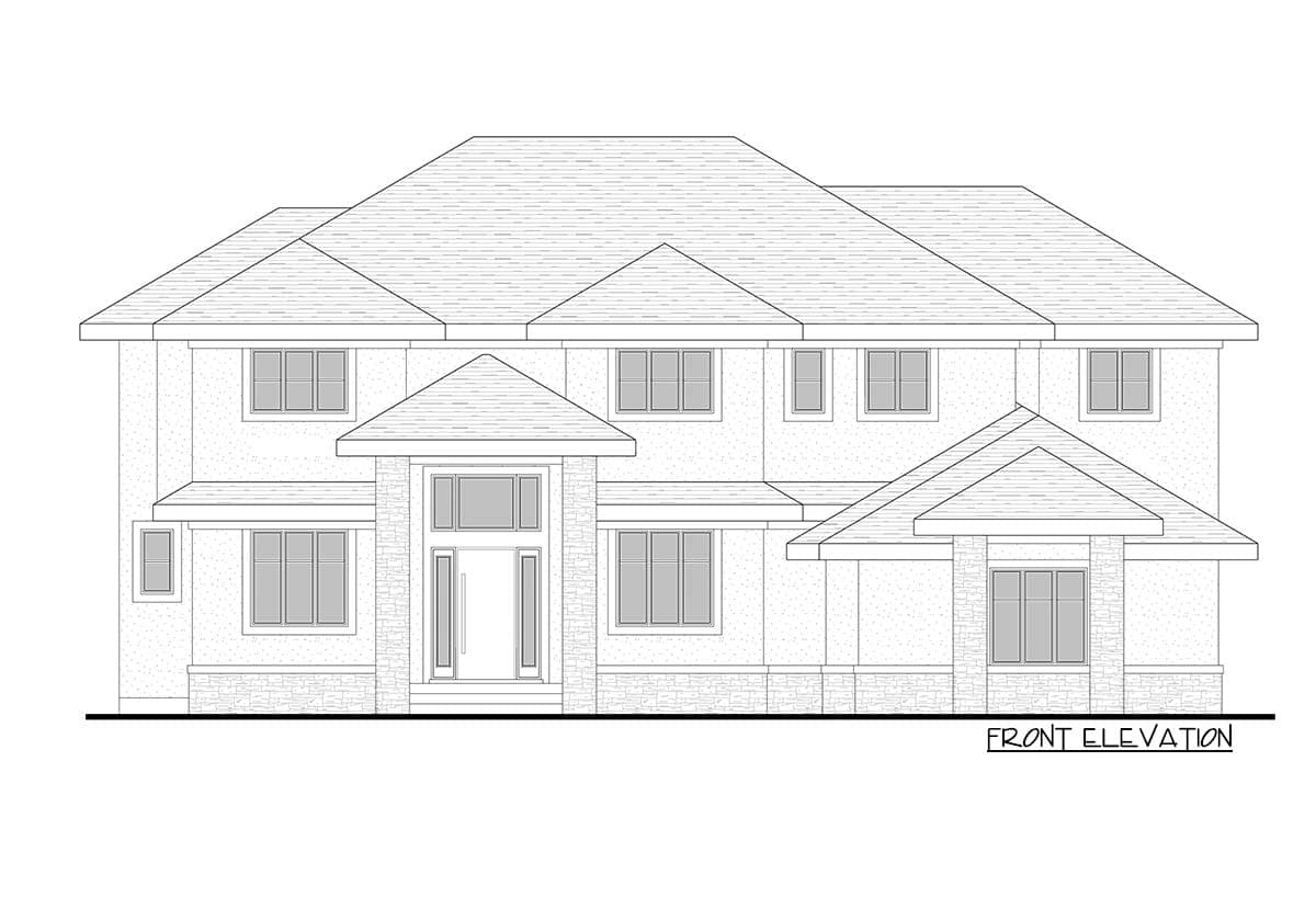 Front elevation drawing of a two-story house plan with a prominent entry, multiple gables, and varied window arrangements.