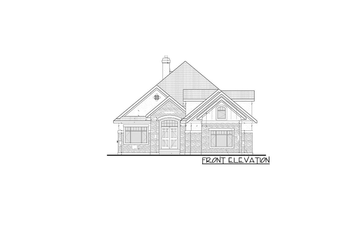 Front elevation drawing of a one-story house plan with a stone facade, double entry doors, and multiple gables.