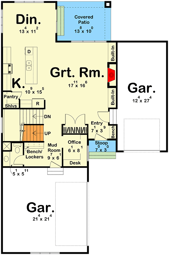 Plan 62727DJ: 4-Bed Mediterranean House Plan with Pocket Office - 2417 Sq Ft - Floor Plan - Main Level - Coastal, European, Mediterranean