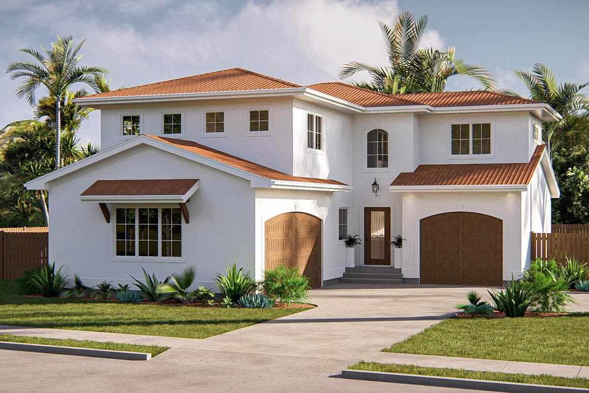 House plan exterior. Two-story Mediterranean style with a tile roof, arched garage doors, and a covered entry. Palm trees in the background.