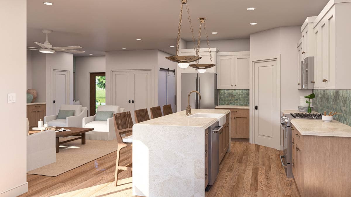 Interior rendering of an open-concept living space with a kitchen island, farmhouse sink, and adjacent living room seating.