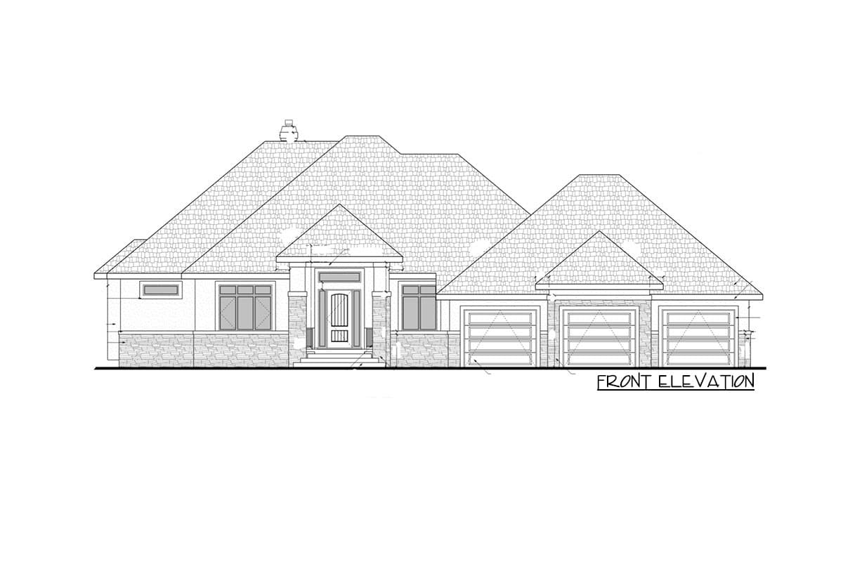 Front elevation house plan with a prominent entrance, diverse rooflines, stone accents, and a three-car garage.