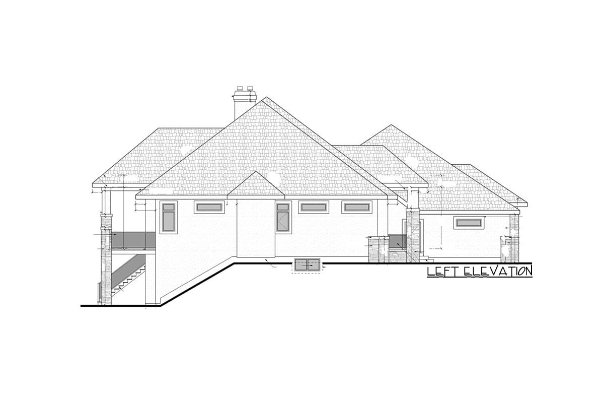 House plan left elevation showing a multi-story house with gabled rooflines, chimney, covered porch with columns, and exterior staircase.