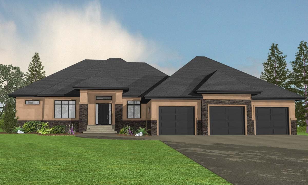 Modern ranch house plan exterior with a hip roof, stone accents, and a four-car garage.