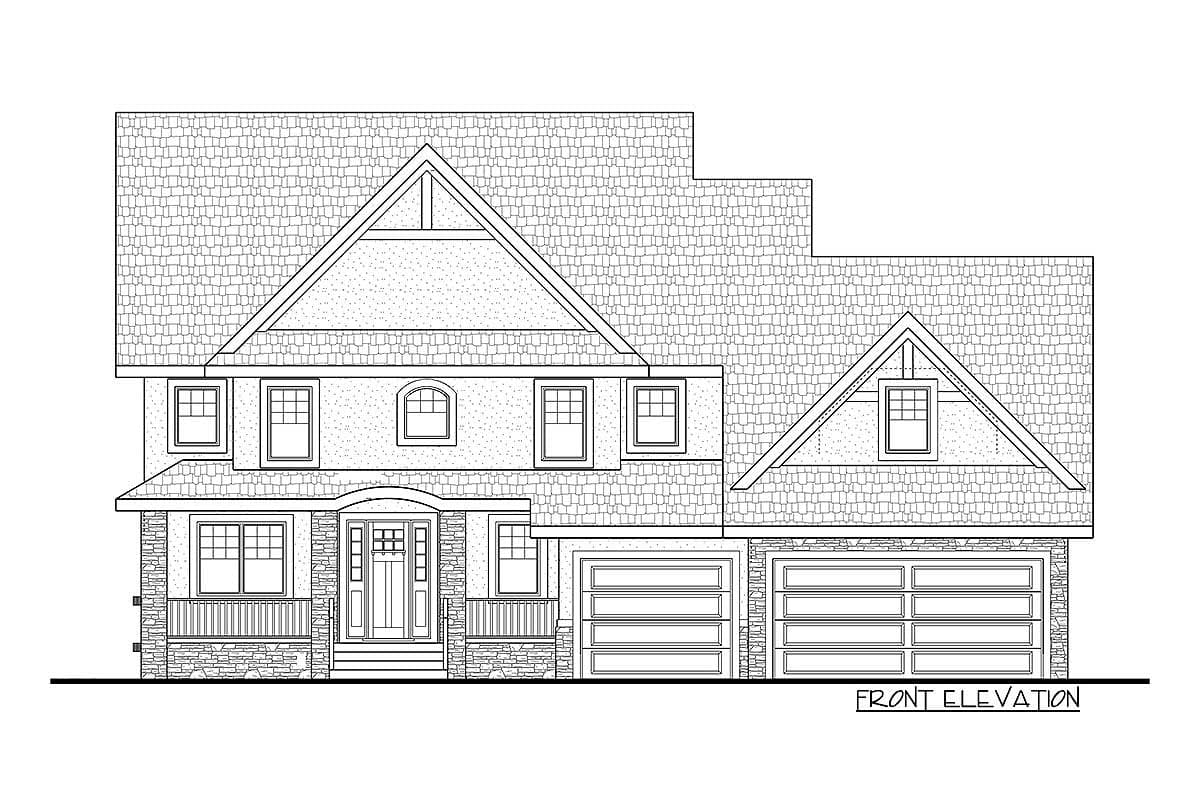 Front elevation drawing of a two-story house plan with a prominent gable, covered porch, and a three-car garage.