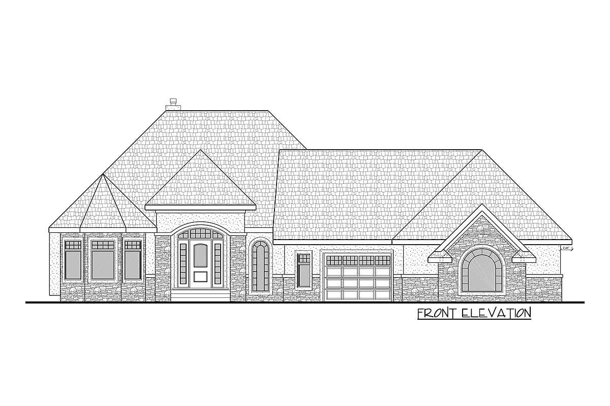Front elevation drawing of a one-story house plan featuring varied rooflines, stone accents, a prominent entryway, and a two-car garage.