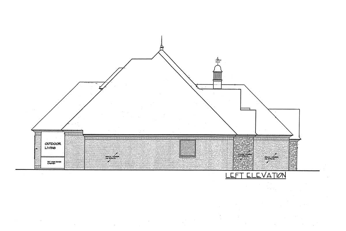 Left elevation drawing of a house plan featuring brick veneer, stone accents, a covered outdoor living area, and a cupola.