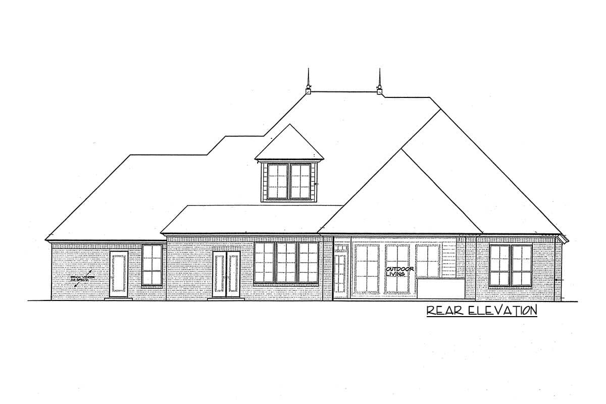 Rear elevation house plan. Shows brick exterior, multiple gables, dormer with multipane windows, and outdoor living space.