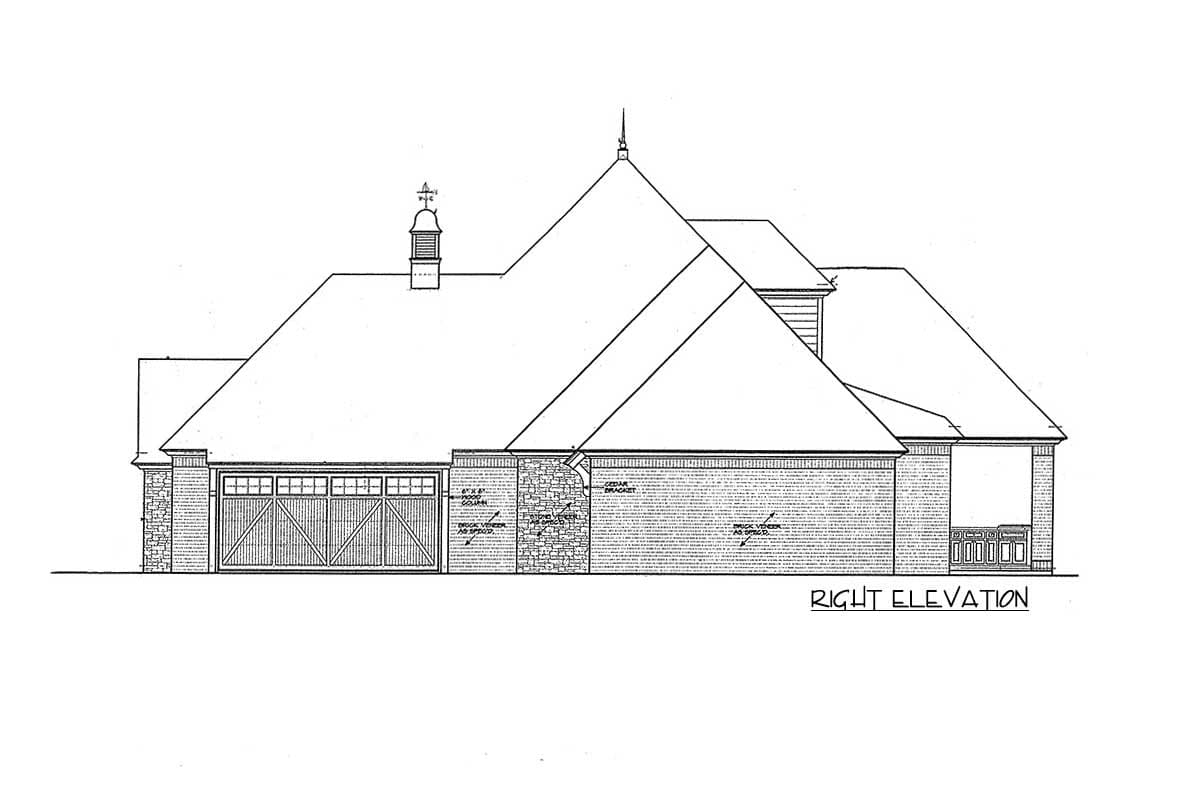 Right elevation drawing of a house plan featuring a multi-level roof, brick veneer, stone accents, and a garage with a carriage-style door.
