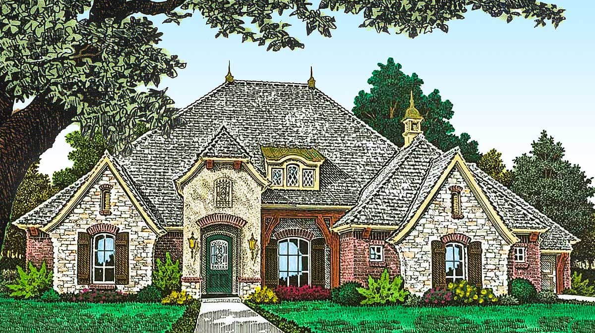 House plan exterior featuring a two-story design with stone facade, multiple gables, and a prominent roofline.