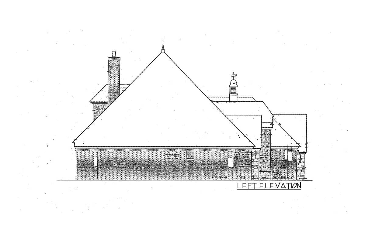 Left elevation house plan drawing showing brickwork, gabled rooflines, dormers, and a chimney.
