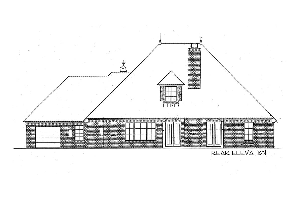 Rear elevation house plan drawing showing brick exterior, large hip roof, garage, chimney, dormer, and French doors.