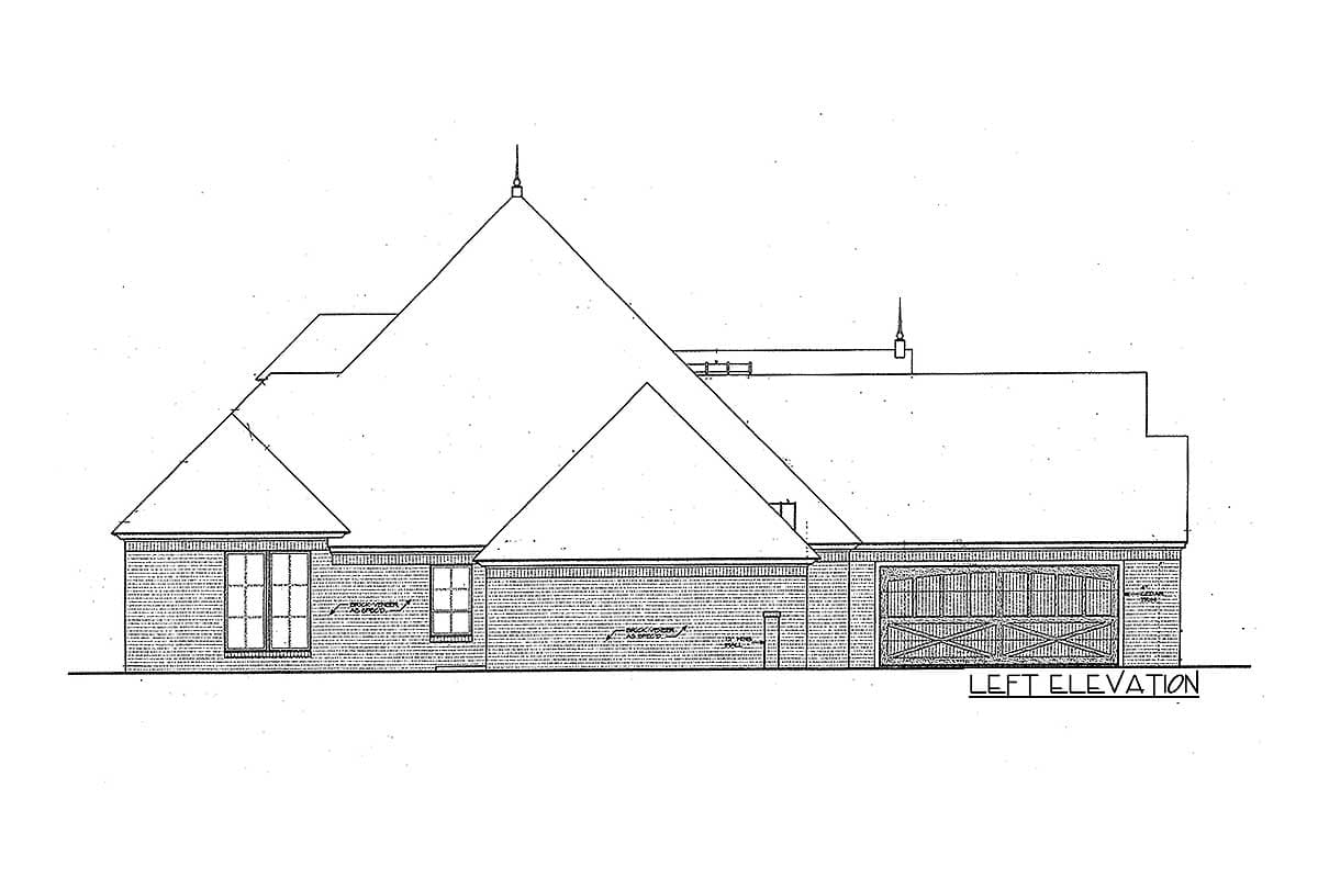 Left elevation drawing of a house plan showing a hip roofline, brick exterior, multiple windows, and a two-car garage.