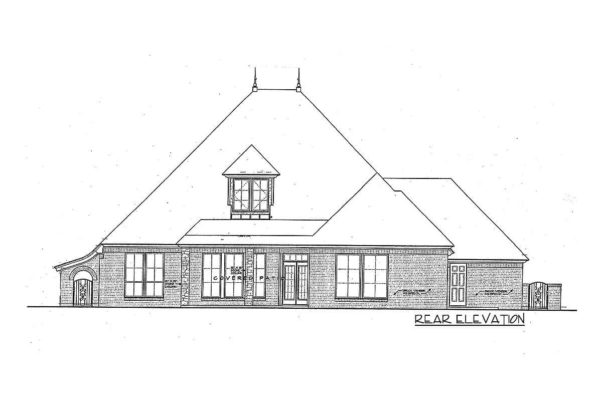 Rear elevation house plan drawing with brick exterior, hip roof, dormer, covered patio, and multiple windows.