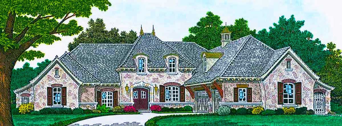 House plan exterior: Two-story French Provincial style with hip roof, mansard dormers, arched entryway, and attached garage.