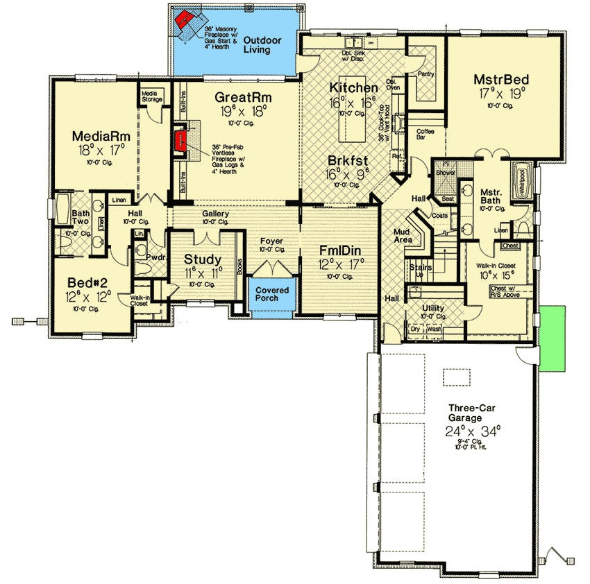 Plan 48571FM:  French Country House Plan with Media Room and Upstairs Rec Room - Floor Plan - Main Level - European, French Country, Southern