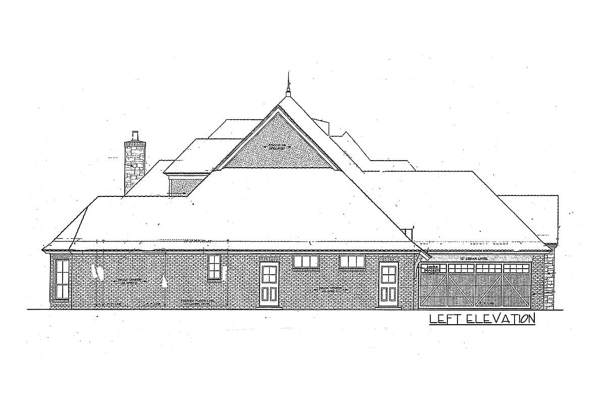 Left elevation house plan drawing shows a brick house with multiple gables, a prominent chimney, and a three-car garage.