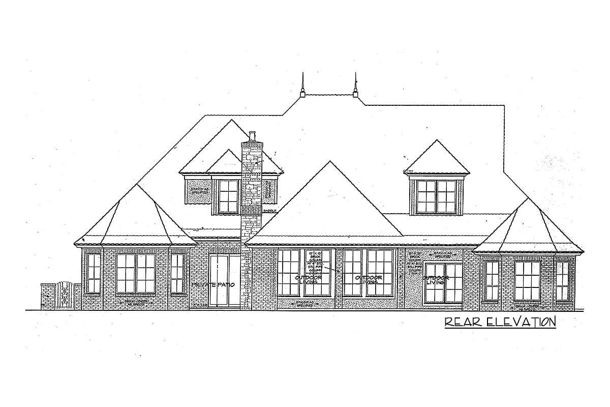 Rear elevation drawing of a two-story house with multiple gables, dormers, a prominent chimney, and outdoor living spaces.