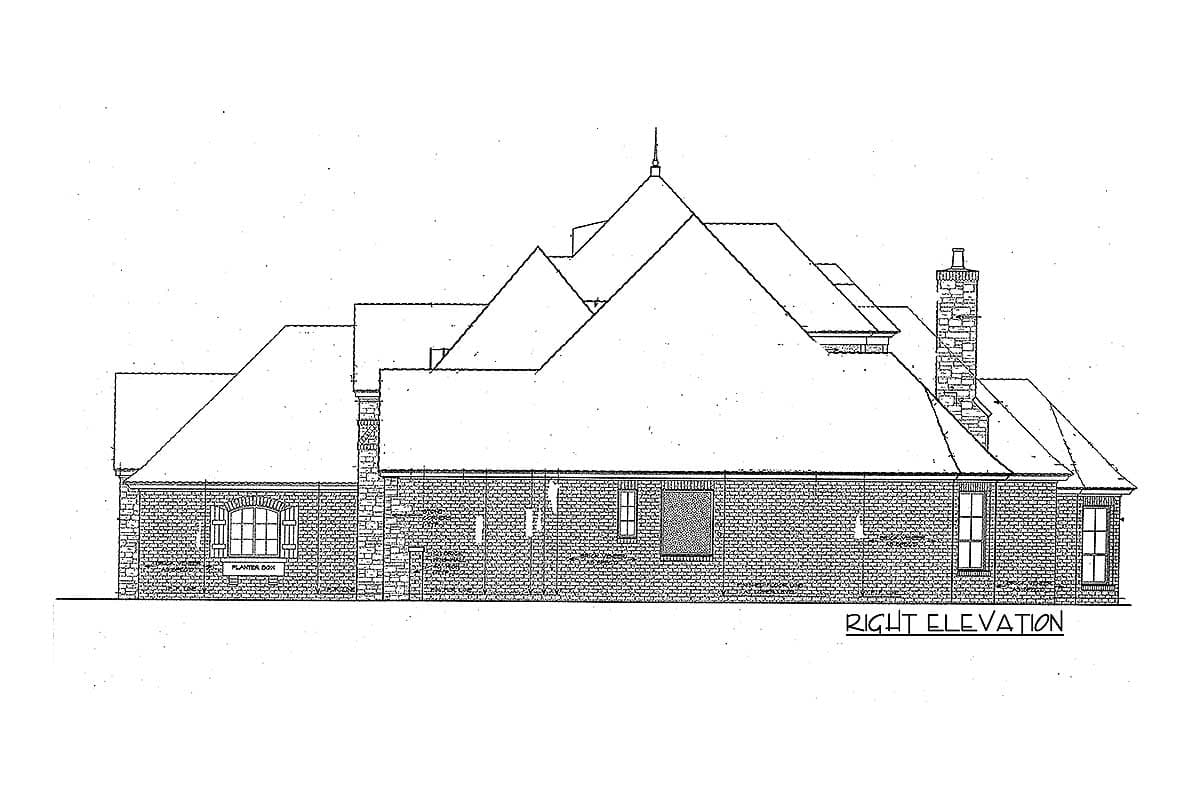 House plan right elevation drawing showing multi-level rooflines, brick exterior, stone chimney, and various window styles.