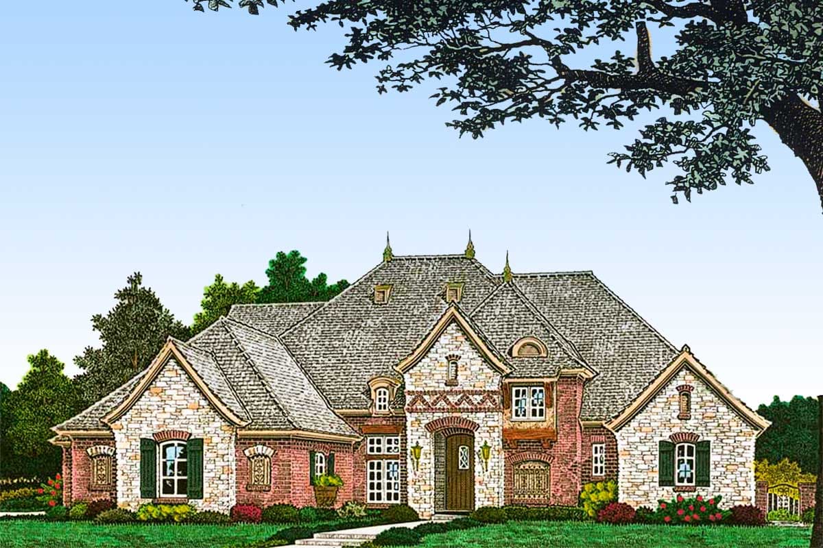 House plan exterior with stone and brick facade, multiple gables, and a prominent entry. Features include dormers and a multi-level roofline.