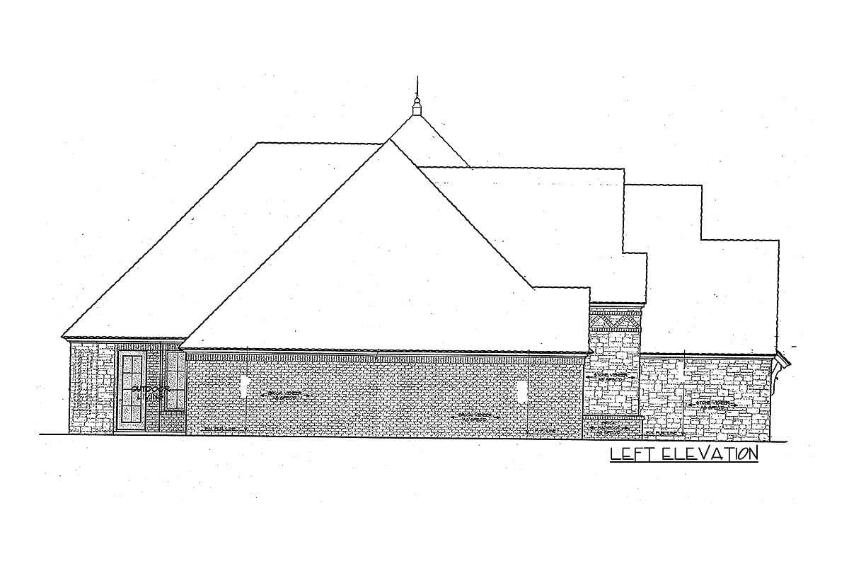 Left elevation house plan showing brick veneer walls, stone accents, and varied rooflines.