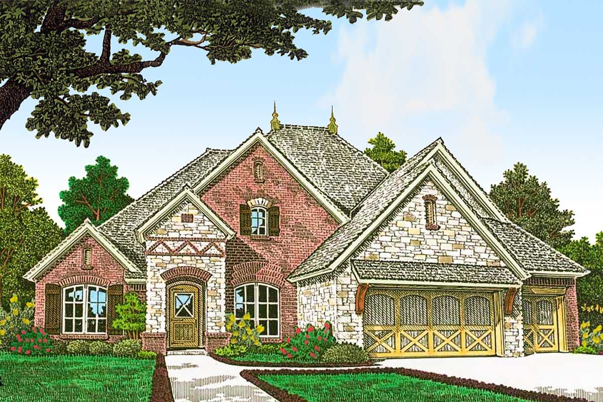 House plan exterior. Craftsman style, single-story home with stone and brick facade, multiple gables, and attached garage.