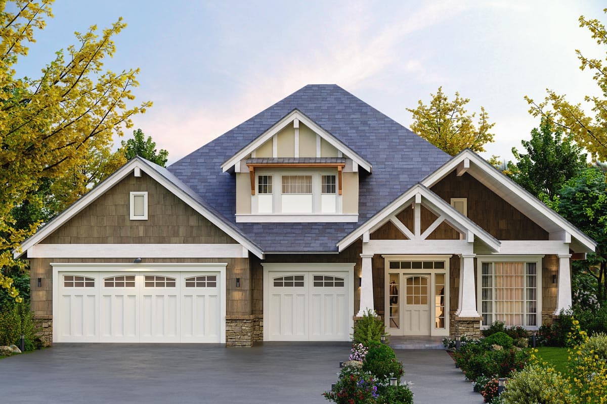House plan exterior. Craftsman style with two stories, gabled roof, dormers, and a prominent entryway porch.