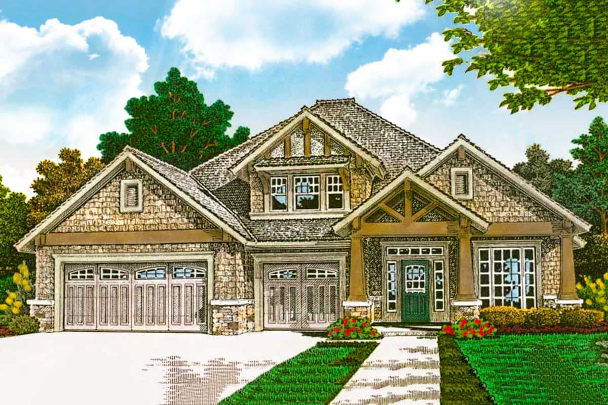 Craftsman house plan exterior with two garages, stone accents, covered entry, and multiple gables.