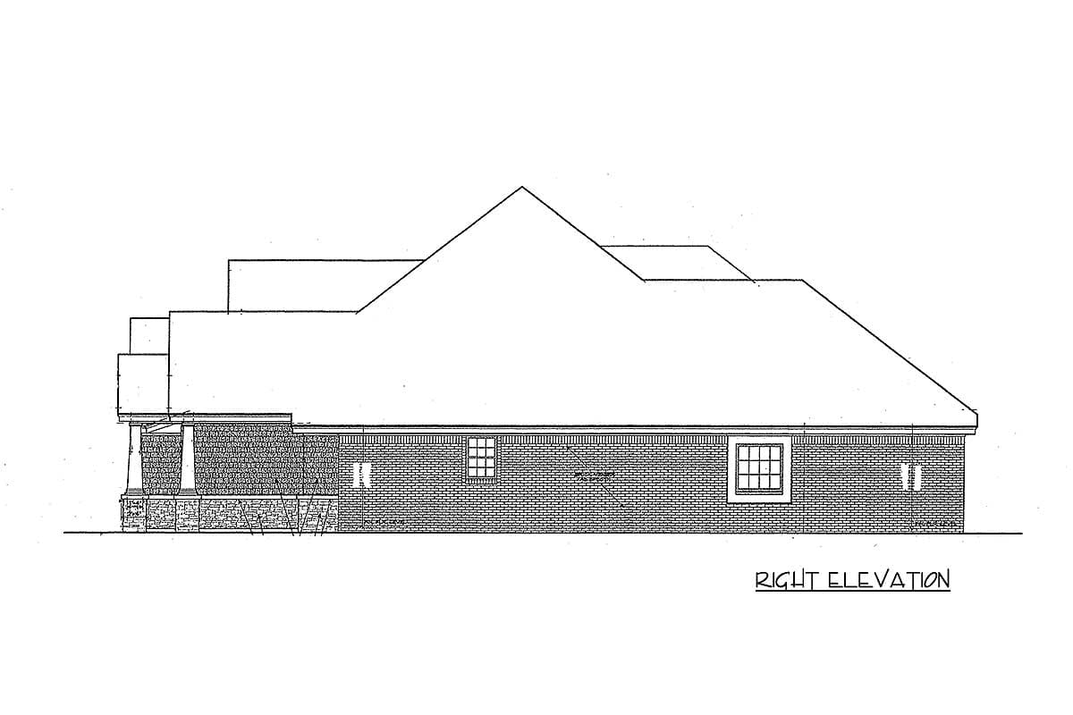 Right elevation drawing of a house plan featuring brick and stone facade, multiple gables, and hip roof.