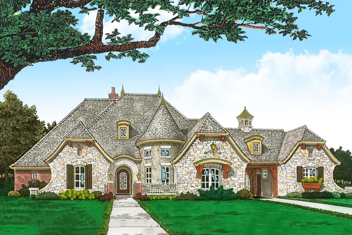 House plan exterior featuring a stone facade, turret, and multiple gabled rooflines. Includes arched entry and dormer windows.