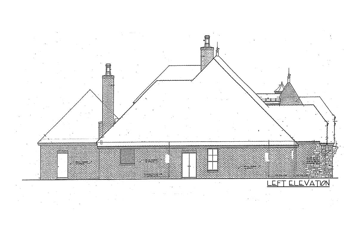 Left elevation drawing of a house plan featuring brick facade, multiple gables, dormers, and chimneys.