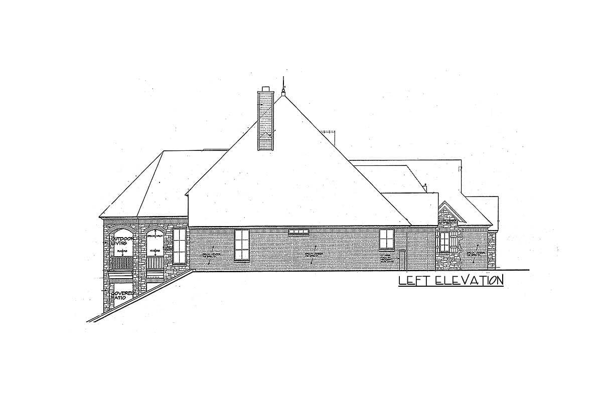 Left elevation of house plan showing multiple rooflines, brick siding, stone accents, large chimney, and covered patio.