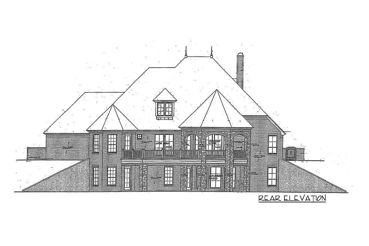 Rear elevation drawing of a multi-story house with a complex roofline, dormers, arched windows, and stone accents.