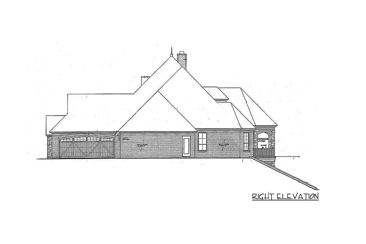 Architectural house plan right elevation showing a multi-level roof, garage, and covered outdoor living area with arched supports.