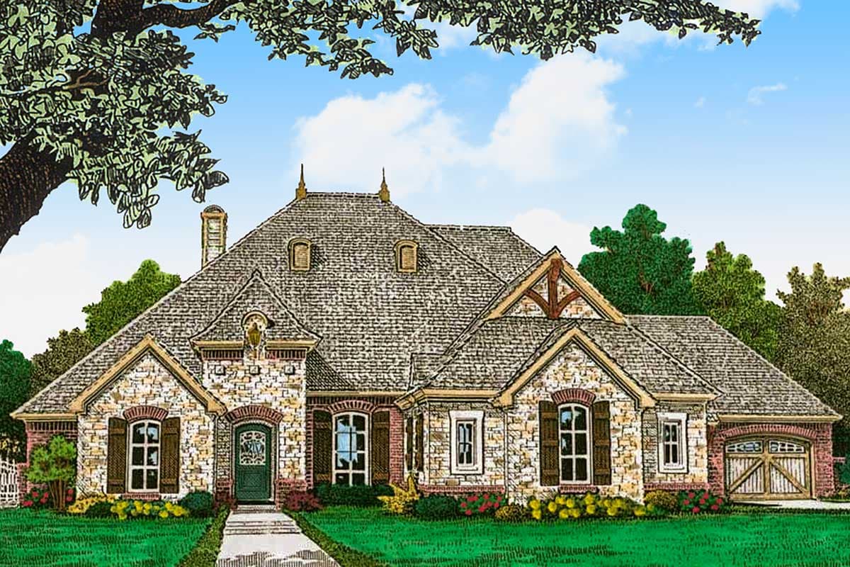House plan exterior. One-story design with stone facade, dormers, and gabled roof. Features include shutters and attached garage.