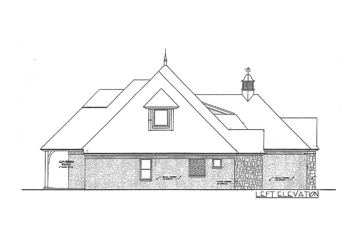 Left elevation house plan with prominent gables, dormer window, covered patio, and stone veneer accents.