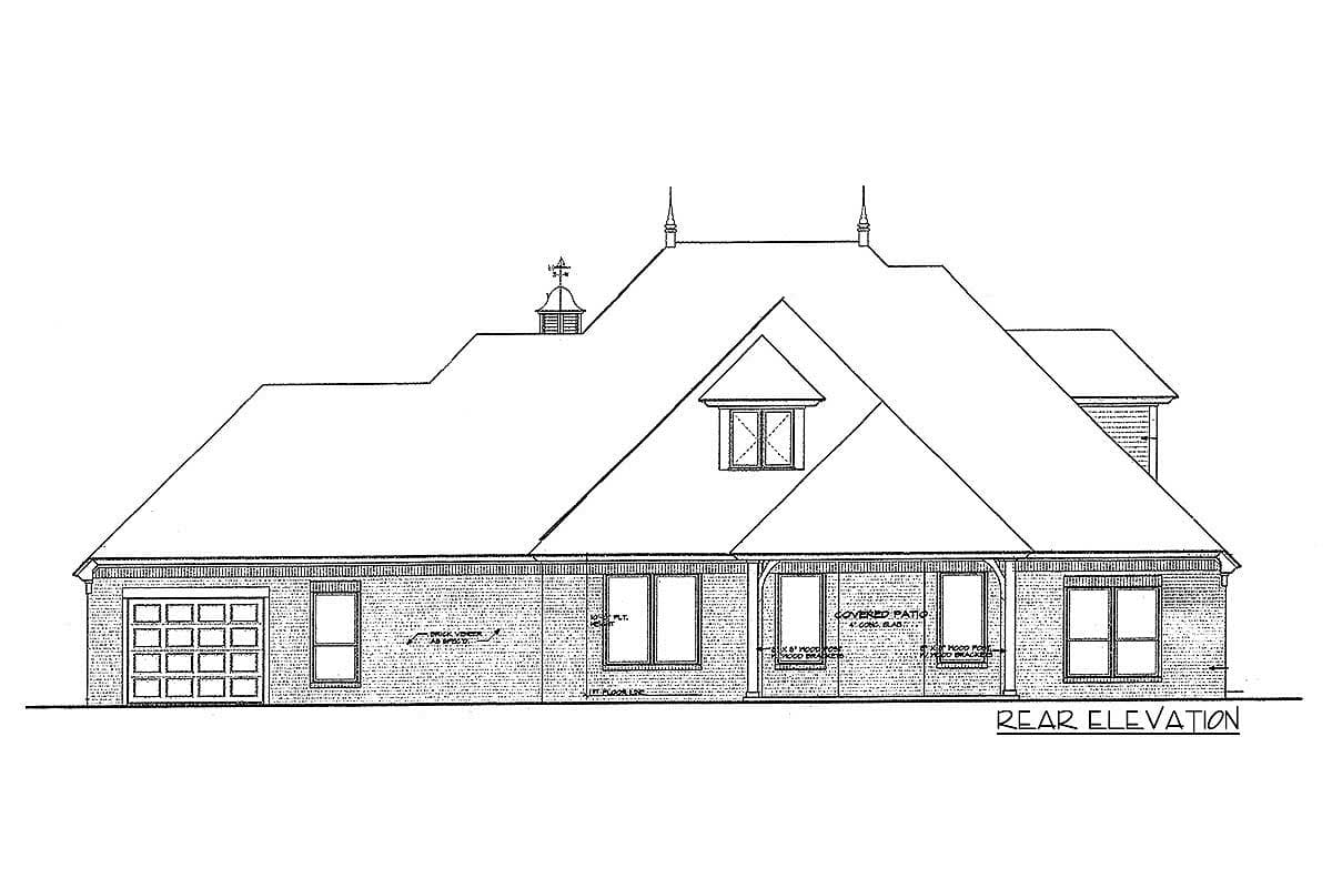 Rear elevation drawing of a house plan, featuring a brick exterior, gabled dormer, cupola, covered patio, and garage.