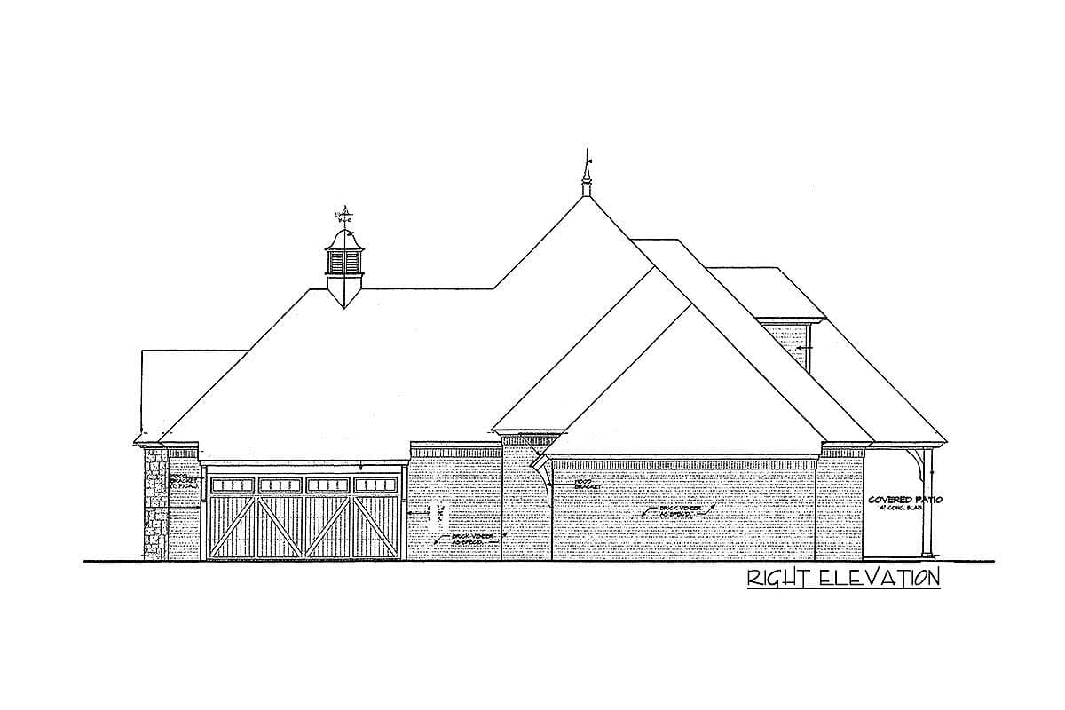 Right elevation house plan with brick veneer, multi-pane garage door, dormer, and covered patio.