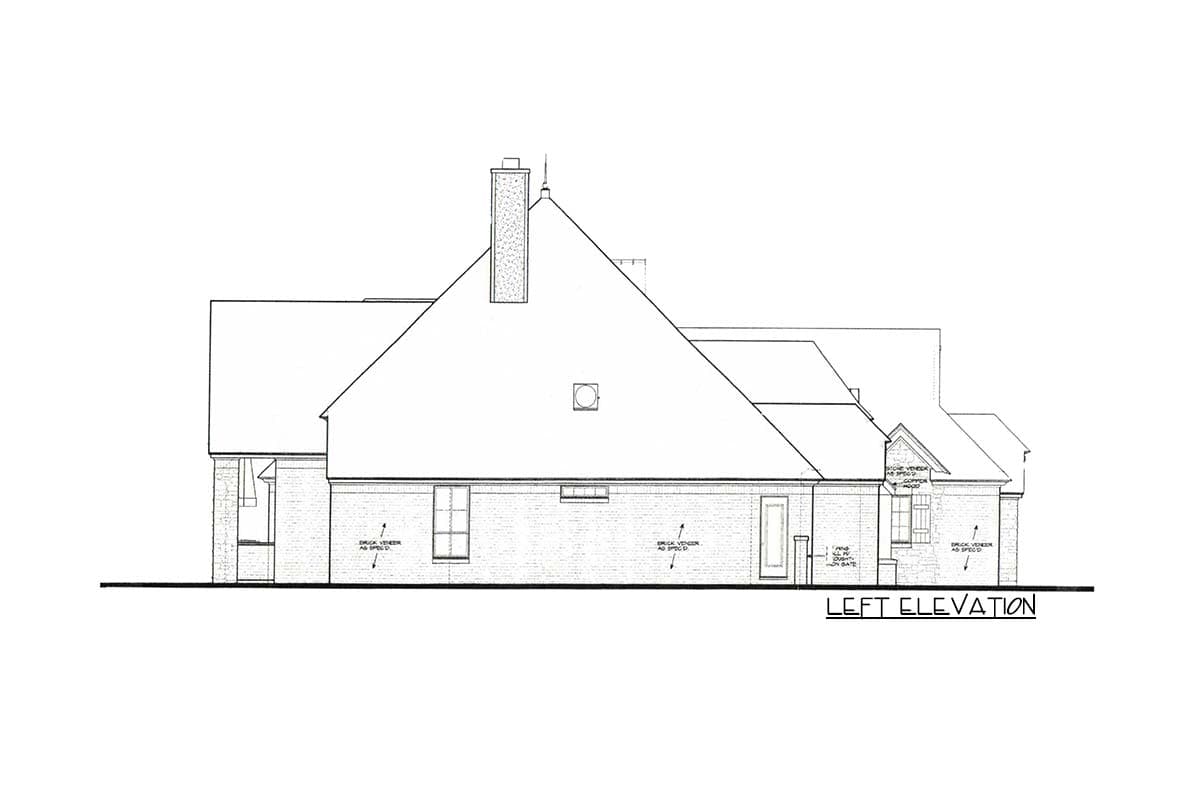 Left elevation of a house plan featuring a brick veneer exterior, prominent gabled rooflines, and a large chimney.