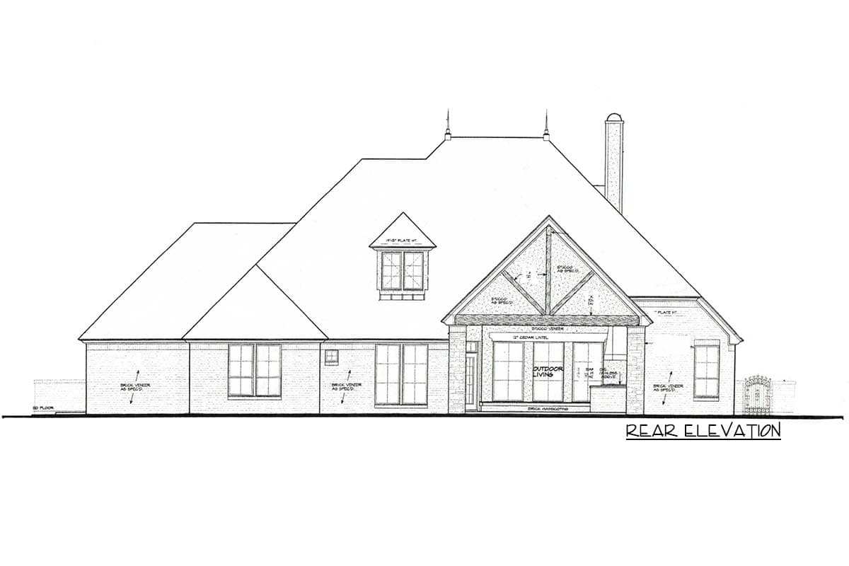 Rear elevation house plan. Features brick veneer, dormer window, gabled entry with exposed beams, and outdoor living space.