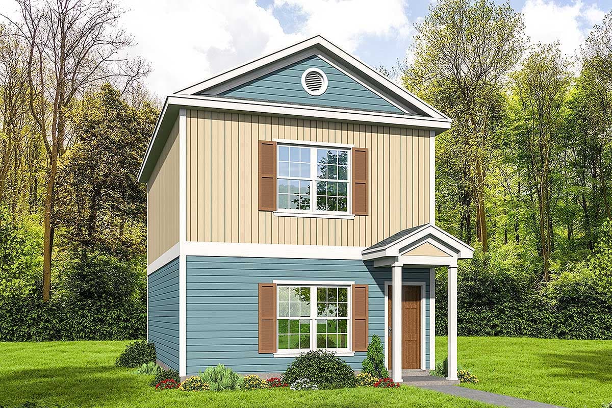 House plan exterior. Two-story home with a gabled roof, a small entry porch, and paneled siding.