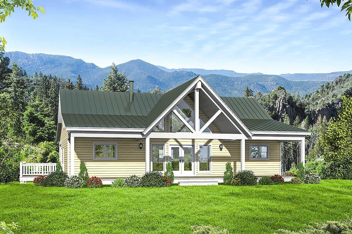 House plan exterior. Ranch style with a single story. Features a gabled entrance with large windows, a covered porch, and a metal roof.